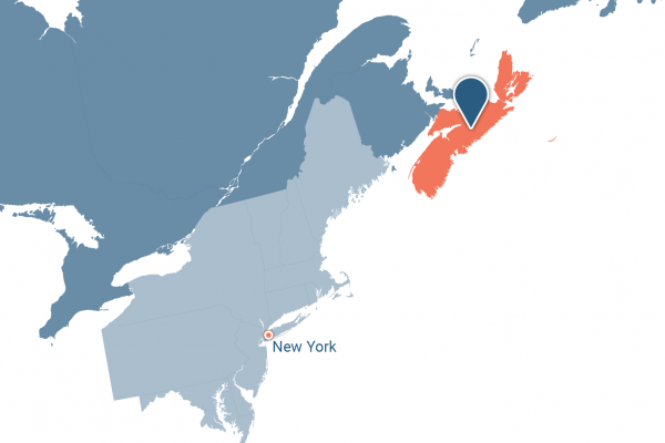 Carte du Canada et de certains états. La province de la Nouvelle-Écosse est surlignée pour indiquer d'où les fournisseurs sont exportés.