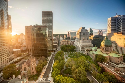 Ariel view of a park and a mix of historic and modern buildings