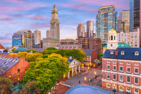 Ariel view of a mix of historic and modern buildings